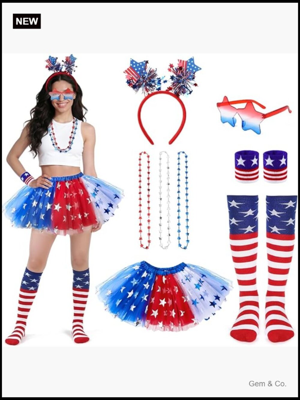 8-Piece Patriotic Tutu Set with Headband Sunglasses Socks Cuffs Necklaces
